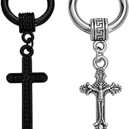 m men style Jesus Cross With Feather Ring Long Chain Black & Silver Stainless Steel Earrings For Men And Women-picture-28