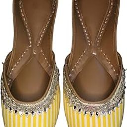 Stylish Punjabi Jutti for Women, Yellow Striped, Embellished with Crystals, Pinch Free Daily Free Jutti-image-92