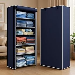 LOKEME Cupboard for Storage,Foldable Wardrobe for Clothes, Portable Fabric Storage Organiser with Shelves (Navy Blue, 6 Tier)-33