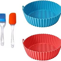 8in Round Silicone Air Fryer Basket with Ear Handles | Nonstick, Reusable, Heat Resistant, Red And Blue Set of 2 with Oil Brush & Spatula-image-73