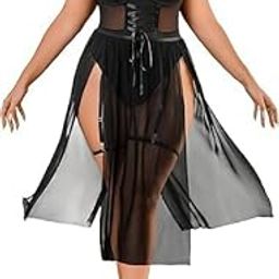 Plus Size Sheer Mesh Bodysuit with Corset Detail and High Slit Dress, Black (Black, Double Extra Large)-6