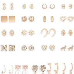 Set of 25 Gold Tone Contemporary Studs & Drop Earrings For Women-ZPFK15140-16