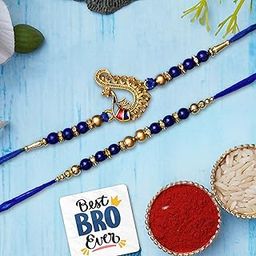 eCraftIndia Set of 2 Blue & Golden Pearls and Peacock Designer Rakhis with Roli Chawal Pack and Best Bro Ever Fridge Magnet - Rakhi for Brother, Bhaiya, Bhai-33