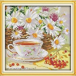 LOOM TREE Stamped Cross Stitch Kit Embroidery Crafts - Flower&Tea Pattern 14CT 28x28cm Needlecrafts & Yarn | Embroidery & Cross Stitch | Hand Embroidery Kits | Cross Stitch Kits-image-9