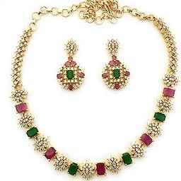 Traditional Micro Gold Plated Multi Color AD American Diamond Jewellery Necklace Jewellery Set for Women and Girls-17