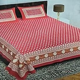 100% Soft Cotton Double bedsheet of Size 210cm X 226 cm with 2 Pillow Covers of Size 43cm X66cm Traditional Block Print Bedding Set, Cotton, Red and White Floral Pattern, Double Size-image-70