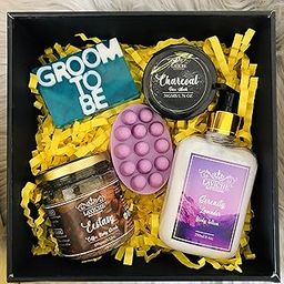 Laviche Bath Essentials Groom to be Gift Set (Groom to be Soap, Lavender Massage Bar Soap, Ecstacy Coffee Body Scrub, Lavender Body Lotion, Charcoal Face Mask, Wooden Box Packaging) for All Skin Types-0