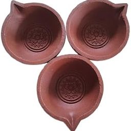 Traditional Terracotta Clay Diya for Puja, Decorative Deepam with Floral Motif, 10 cm Diameter, Set of 3-image-47