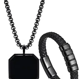 fashion frill Valentine Gift For Boyfriend Silver Chain For Men Stainless Steel Square Silver Pendant With Black Leather Bracelet For Men Boys Love Gifts Combo-picture-30