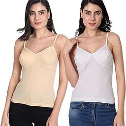 Women's Regular Fit Sleeveless Cotton Bra Cum Camisole Slip Spaghetti Pack of 2-image-4