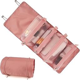 Afrodite Hanging Roll Up Travel Toiletry Bag For Women, Makeup Bag Travel Organizer Cosmetic Bag, 4 Removable Storage Bags, Waterproof, First Aid, Bathroom, Palette/Brush Holder, Peach-image-99