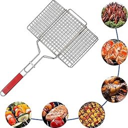 Freshome Mild Steel Portable Barbecue BBQ Grill Net Basket Roast Grilling Tray Plated with Wooden Handle (46.5 x 24 x 2 cm)-66