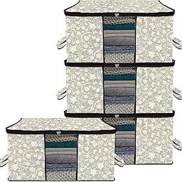 Kuber Industries Underbed Storage Bag | Flower-Design Blanket Cover with Clear Window | Zipper Closure & Handle Cloth Organizer | Large | Pack of 4 | Black-16