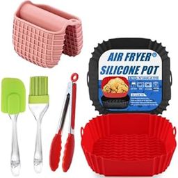 Square Air Fryer Package - 6 Pack Air Fryer Liners & Accessories - 8.5 inch (5-9 Qt) Food Grade BPA-Free Reusable Silicone Baskets/Pots/Liners with Oven Mitts, Basting Brush and 9 Inch Tongs-image-8