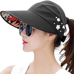Polyester Sun Visor Hats For Women Uv Protection Wide Brim Summer Cap For Girls Hat Uv Protection Breathable Casual Beach Hat, Sun Protection Cap For Women (Black), Large-image-74
