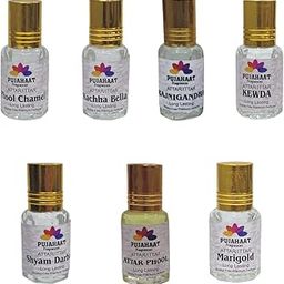 Pujahaat Premium Alcohol-Free Attar Gift Pack Of 7 Floral Attar Combo Ittar Perfume Shyam Darbar, Attarphool, Kachha Bela, Marigold, Kewda, Chameli, Rajnigandha (In Roll on Bottle) 21 ml (7 x 3ml) Combo-7-image-89