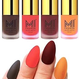 MI FASHION Highly Pigmented Velvet Matte Nail Paint Set Effortless Top Colour 9.9mlCoffee, Neon Orange, Maroon, Saffron Orange (Pack Of-4)-63