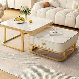 EXPRESSOW ENTERPRISES Metal Frame 20X20 Square Coffee Table Set of 2, Stacking Center Tables, Stylish End Tables or Side Tables with Storage Drawer for Living Room, Bedroom or Apartments (Marble Gold)-1