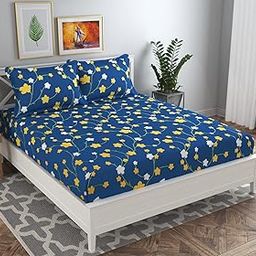BSB HOME Floral Printed Glace Cotton 180 Tc with 200 GSM 3 Piece Bedding Set 1 Double Bedsheet 2 Pillow Covers Bedsheet Size-90 x 90 Inches Pillow Cover Size-17 x 27 Inches - Blue and Yellow-0