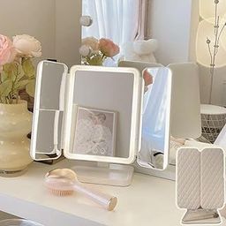 Lighted Makeup Mirror with 21 LED Lights, Trifold Vanity Mirror with 3X/2X/1X Magnification, Touch Screen, Dual Power Supply, 180 Degree Rotation Portable Mirrors for Travel (White)-17