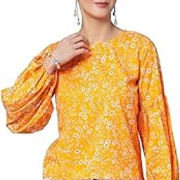 Women's Polyester Regular Fit Floral Print Blouson Top in Crepe Fabric with Round Neck and Full Sleeve-image-37
