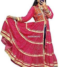 Women's Bandhani Print Shrug with Embroidered Blouse Set | Faux Georgette Long Shrug with Heavy Work Blouse | Traditional Ethnic Navratri Wear (IN, Alpha, Free Size, Regular, Carrot Red)-5
