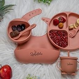 Sproutlets Silicone Feeding Set, 6-Piece Baby Led Weaning Set - Suction Plate, Bear Bowl, Cup, Spoon, Fork and Bib - BPA Free (Brick Red)-image-92
