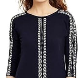 Navy Blue Color Embroidered Round Neck Cotton Top for Women-25
