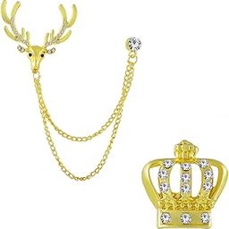Gold Plated Men'S Jewellery Combo Of 2 Indo Western Reindeer And Royal Crown Alloy Brooch Lapel Pin Studded With White Crystal Stones For Boys And Men CO1000376-image-38