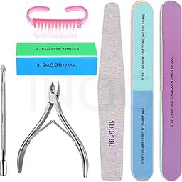 INOG Manicure Nail File Kit – 1 Pcs Double Sided Nail File, 4- Step Buffing Block, 7 Way NailFile and Buffers, 2 Pcs Cuticle Clipper & Pusher 1 Dusting Brush, Complete Nail Kit with Buffer for Salon Nail Art-3