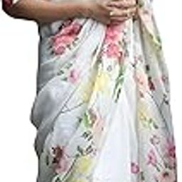 Women's Printed Linen Cotton Saree With Unstitched Blouse Piece (ST Leaf Rose White_White_Free Size)-15