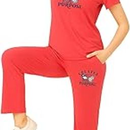 Women’s Cotton Sleepwear Set – Printed T-Shirt & Pajama | Soft & Stylish Co-ord Set, Nightwear & Travel (Dark Pink 2XL)-image-5