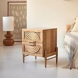 SMAART CRAAFTS Osho Rattan Solid Wood Bedside Table for Bedroom | Cane Spiral Carving Nightstand for Living Room | Pure Mango Wood, Natural Finish |-21