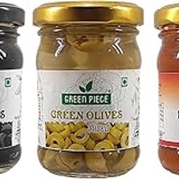 K3 Masala Green Piece Pizza Topping(100Gm),Green Olives Sliced(120 Gm)And Black Olives Sliced(120 Gm)(Pack Of 3)Olives(340 Ml,Pack Of 3)-image-2