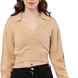 Women’s Polyester Full Sleeve with Collared Ribbed Light Brown Sweater-image-80