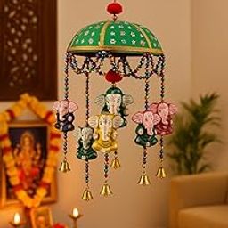 Traditional Decorative Hanging Umbrella with Ganesh Idols – Multicolor Beaded Design with Bells for Home Décor – Handmade Indian Craft-image-7