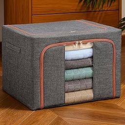 DERIKO 66L Foldable Clothes Storage Box with Steel Frame – Large Fabric Organizer Bin (50 x 40 x 33 cm) – Collapsible Wardrobe Bag for Sarees, Shirts, Blankets, Quilts, Kids Garments – Multi-image-65