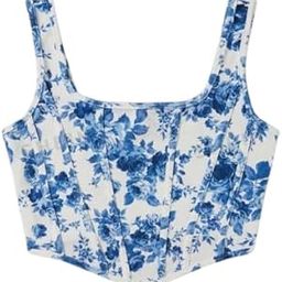 Women's Floral Print Crop Top, Pink and White, Corset Style-image-2