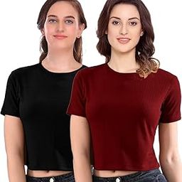 Women's Ribbed Crop Top, Short Sleeve, Round Neck, Pack of 2 - Maroon, Brown, Black, Lavender, Slim Fit Super Soft Top for Girls-image-76