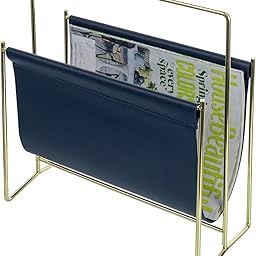INDIDECOR 51542 Compact 13 Inch Mid Century Modern Floor Standing Magazine Rack with Navy Leatherette Sling and Steel Tone Metal Frame, Decorative Holder Stand for Magazines-image-93