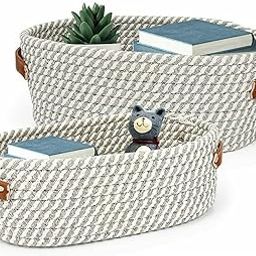 Gleckn Round Boho Mini Rope Paper Storage Jute Woven Shelf Basket Hamper Baby Nursery Tray Bucket Organizer Gifts Set of 2 for Kids Toys,Fruits,Living Room,Bathroom,Kitchen,Office (Brown, White)-image-18