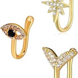 Jewellery Combo of 3 Gold Nose Pin - Star, Heart, Fish Fin Shape - For Women & Girls Stylish Latest-9