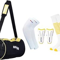 MattZig® Club Bag Football Kit (One Pair of Striped Lycra Socks + One Pair of Shin Guard + One Pair of Cotton Arm Sleeves + One Kit Bag) (Golden White)-image-94