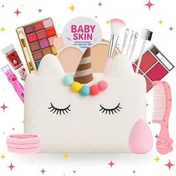 Makeup Kit for Girls & Teens – 20 PCS Safe & Washable Beauty Set with Unicorn White Fur Bag – Non-Toxic Cosmetics for Ages 7–16 – Gift Set with Brushes, Lip Gloss, Blush & More - All in one Makeup Kit-23