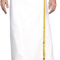 Men's 100% Pure Cotton White With Gold Jari Lungi in Size 2 Mtrs Single Lungi- Pack Of 1-49