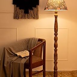 Green Girgit Wooden Brown Floor Lamp with Taper Blue Multicolor Lamp Shade, Vintage Wooden Floor Lamp with Floral Lampshade, Carved Stand, Traditional Design (LED Bulb Included)-picture-10