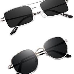 Classic Metal Frame Sunglasses for Men, Rectangular and Round Styles, Silver Frame with Black Lenses-image-56