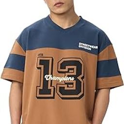 the souled store Colourblock: Teal Terrain Men and Boys Short Sleeves V Neck Brown and Blue Cotton Oversized T-Shirts-picture-15