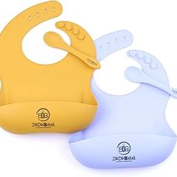 ZoZoBaa Silicone Baby Bib with Easy Grip Spoon For Feeding Toddlers|Waterproof & Reusable Bib with button for Infants |Soft, Light Weight, BPA Free, 2 Set, Purple & Mango Yellow-4