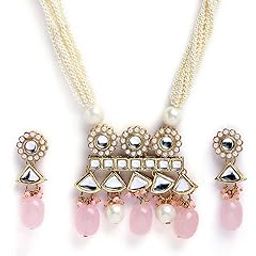 Gold Plated Pink Tumble and Pearl Rani Haar Necklace Set for Women-image-24